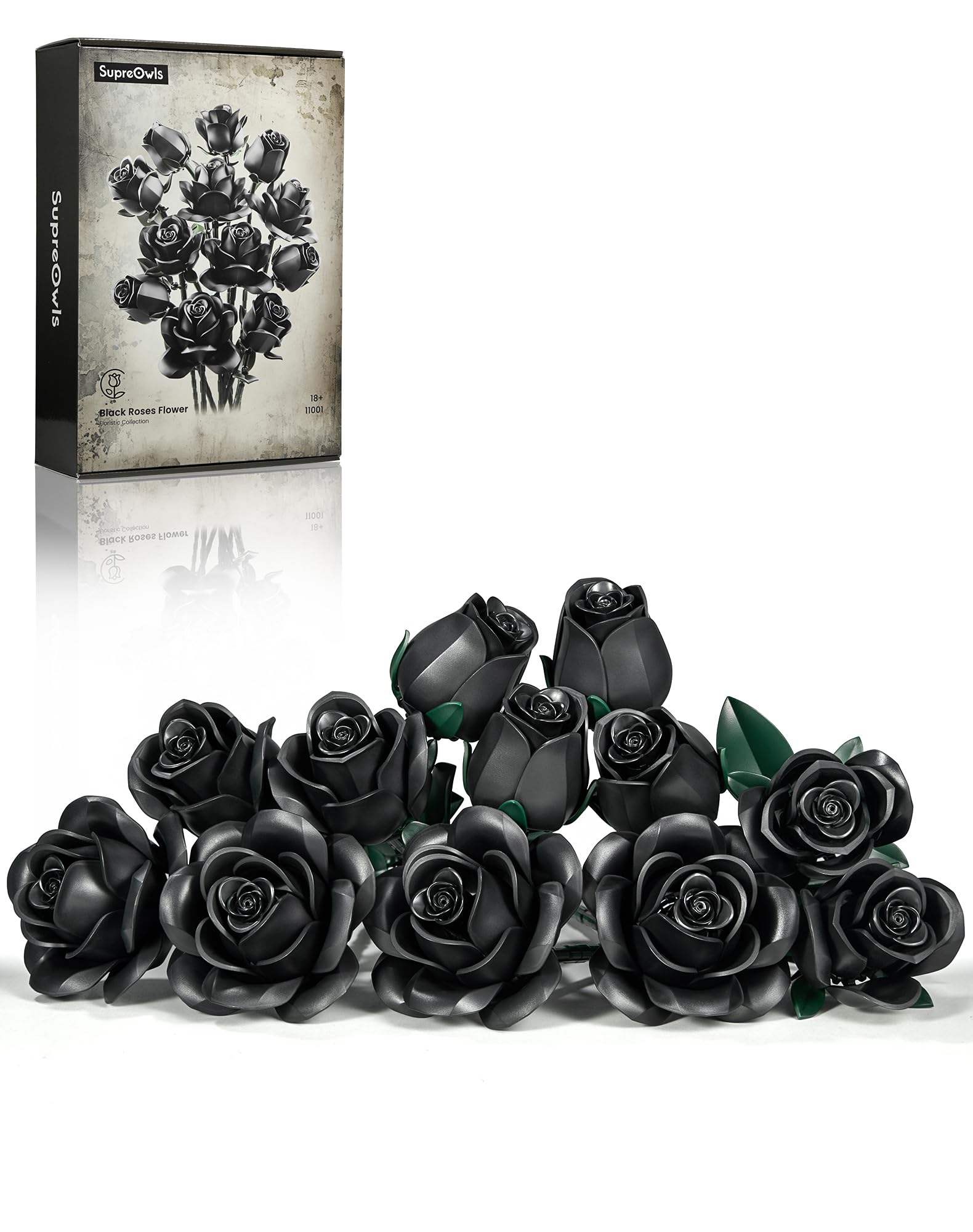 iATOM Black Rose Bouquet Building Set, 12Pcs Flower Botanical Collection Kit for Adults Women, Valentine's Day Gift for Her/Mom/Girlfriend/Wife/Couple, Gothic Home Office Table Centerpiece Retro Decor
