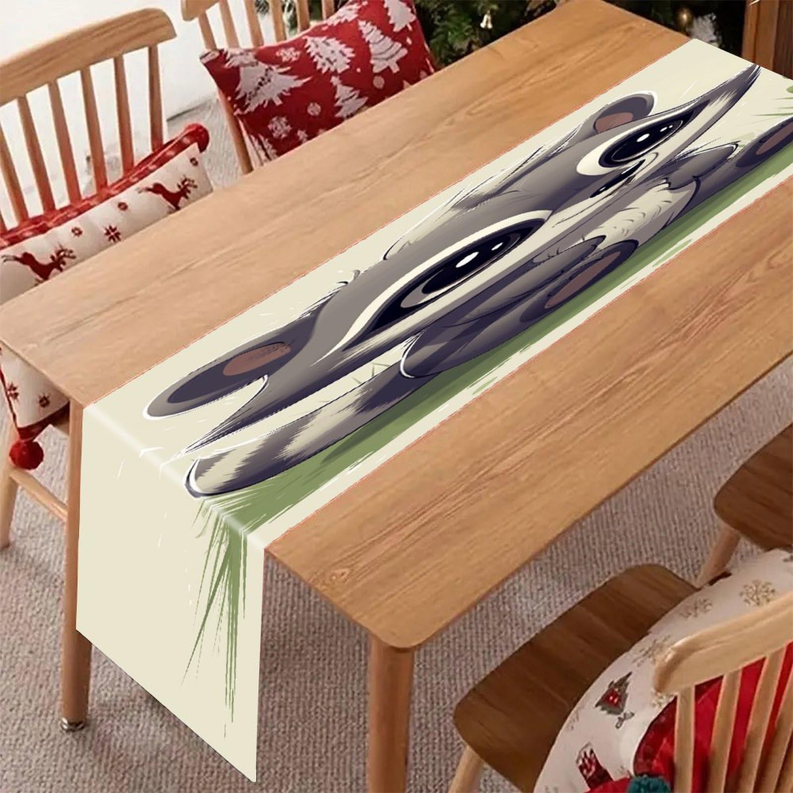 Khauerbc Style Raccoon On The Grass Linen Table Runner-70.87*12.99 Inch,This Decorative Table Runner Is Wrinkle Resistant Table Mat. Embroidered Table Runners As Kitchen Dining And Coffee Tables.