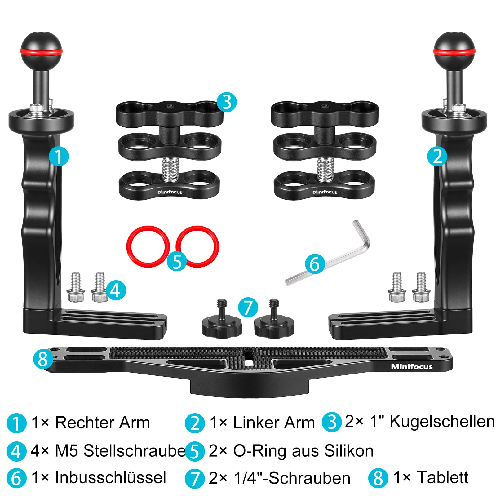 Unterwasser-Kamera Handle Tray Bracket, Dual Handle ausziehbare Aluminiumlegierung Video-Stabilisator-Halter mit 2 1-Zoll-Kugelklemme Mount für Unterwasser-Kamera tauchen Gehäuse