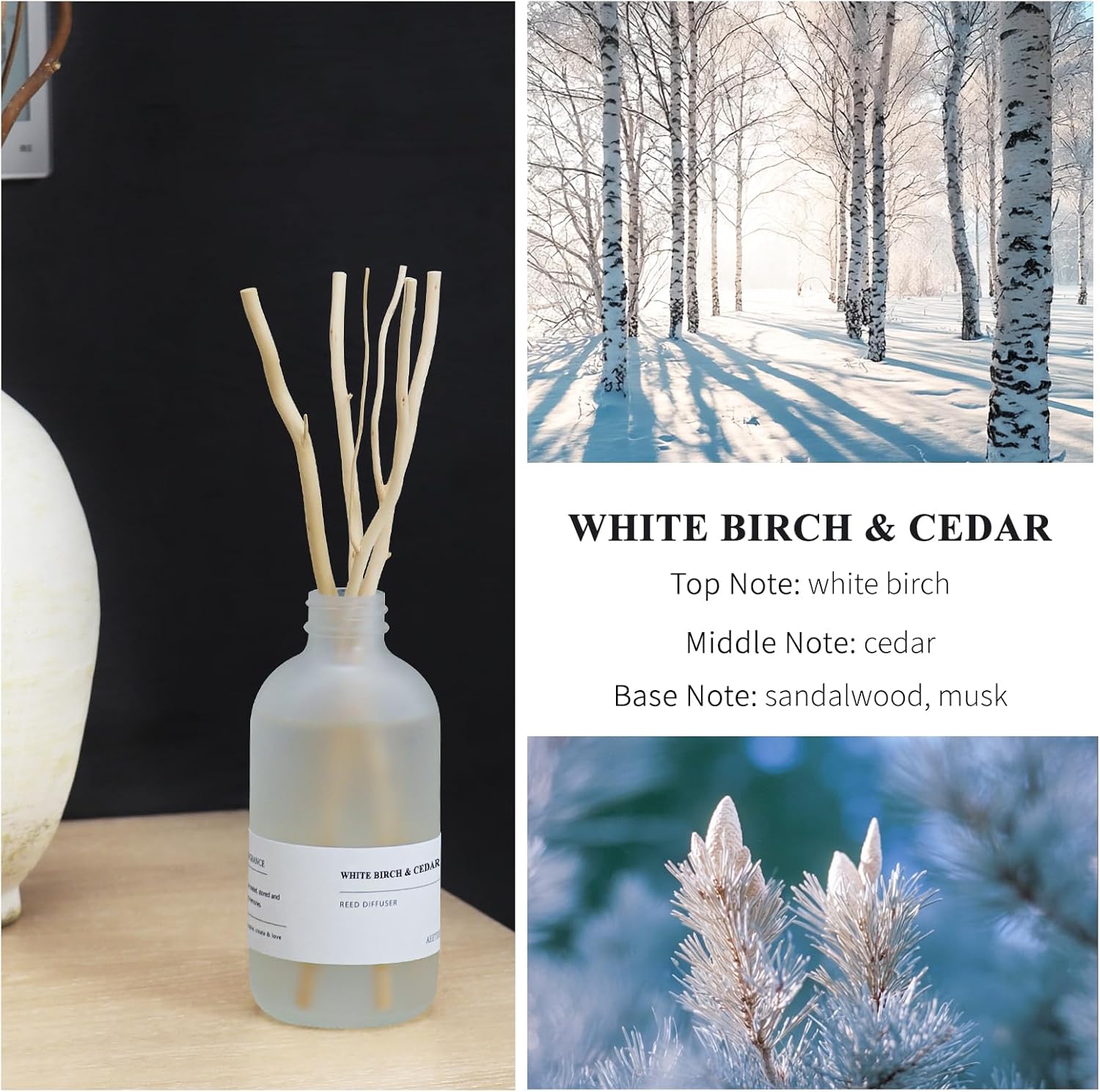 White Birch & Cedar Reed Diffuser Oil Refill, 7.4oz(220ml) Large Bottle Essential Oils, Scented Oil Refill, Air Freshener for Bathroom with Willow Branches Decor