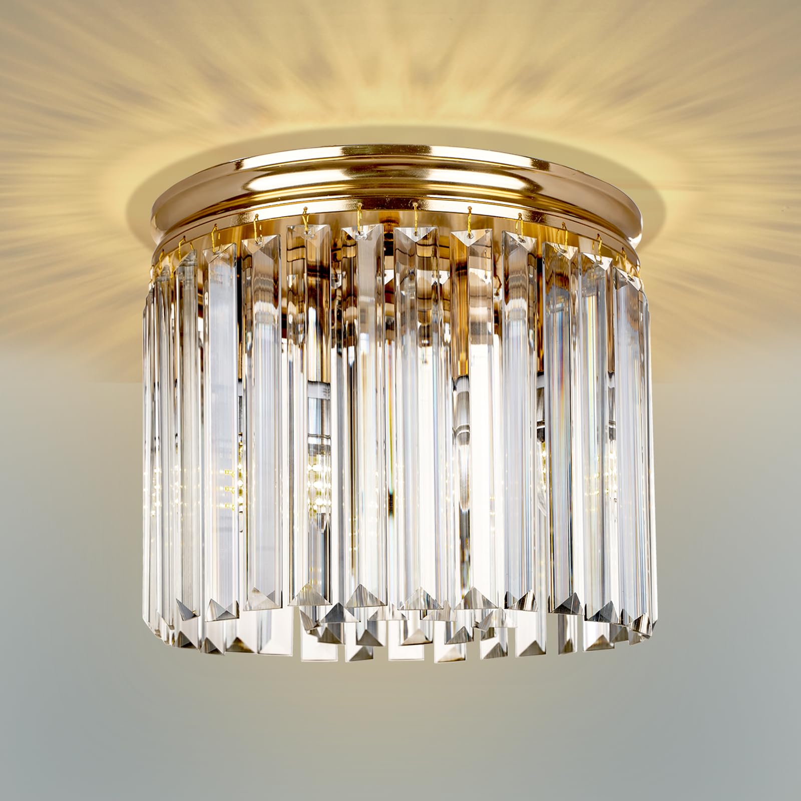 HAUSPRO Gold Modern Crystal Ceiling Light Fixture, Semi Flush Mount Chandelier with K9 Crystals, Elegant Round Lighting for Bedroom, Living Room-Crystal Gold