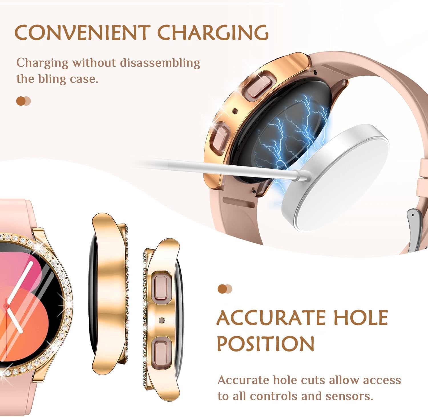 DEALELE [2-PACK] Case Compatible with Samsung Galaxy Watch 5/4 44mm, Bling Single-Row Diamond PC Protective Case Replacement Watch Cover Bumper (44mm, Gold+Transparent) — view 95