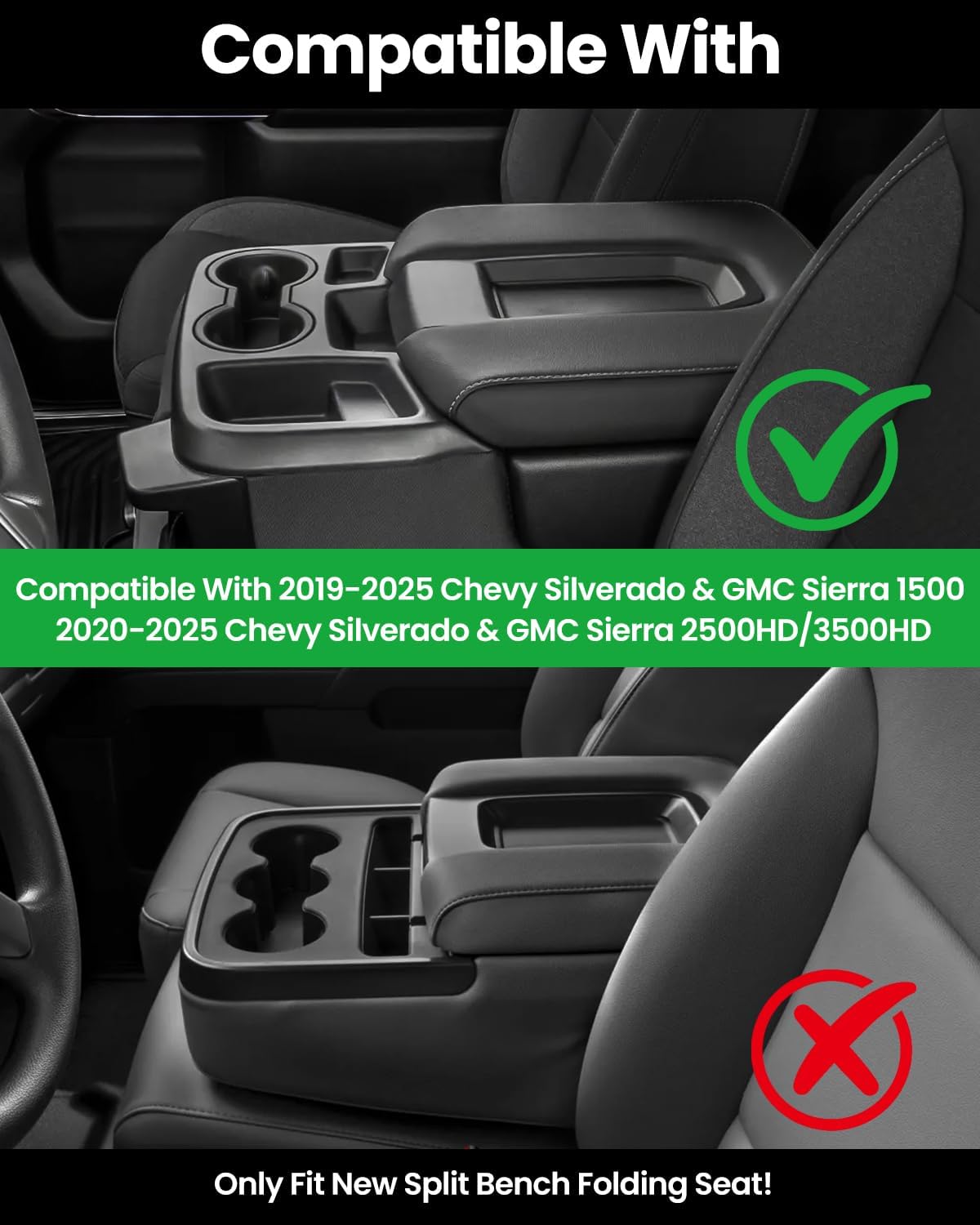Center Console Organizer, 2PCS Storage Tray Compatible with 2019-2025 Chevy Silverado/GMC Sierra 1500 & 2020-2025 Chevy Silverado/Sierra 2500HD 3500HD (Split-Bench Folding Seat)-Black