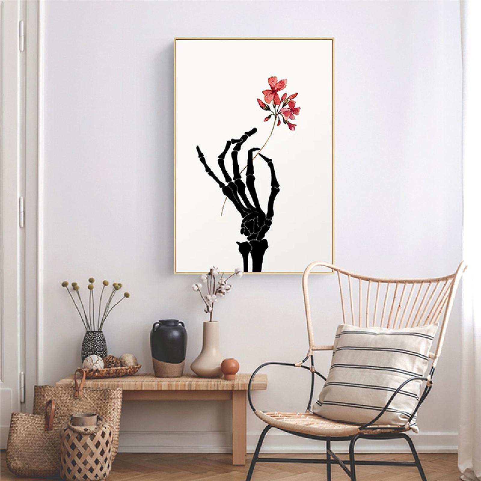 Yooyu Mano de Esqueleto con Flor Mariposa Cartel de Arte de Pared Negro Blanco Abstracto Lienzo Pintura Sala de Estar decoración del hogar 55x80cmx2 Marco Interno