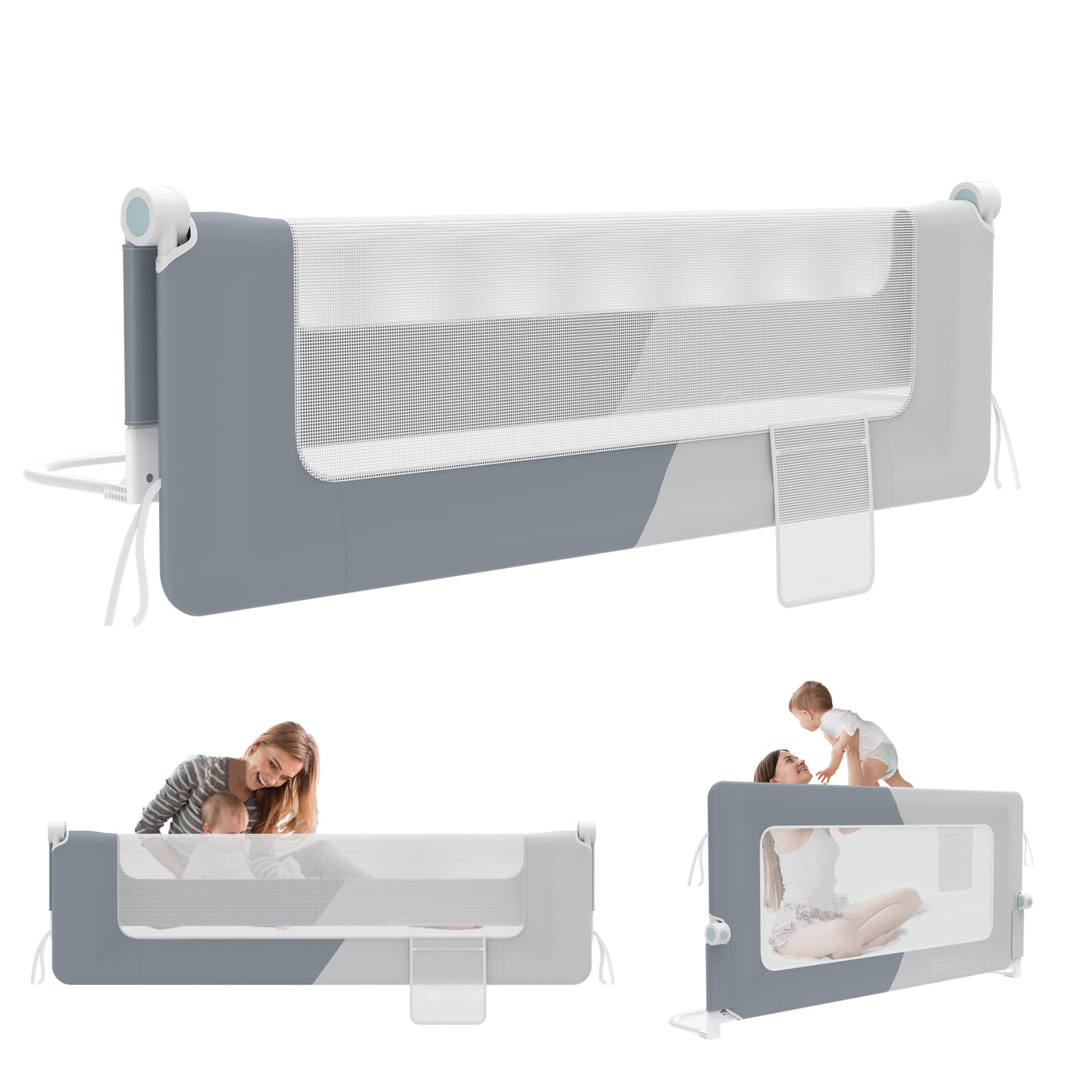 Barrière de lit rabattable protection anti-chute pour enfant 150 cm Gris foncé Gris clair
