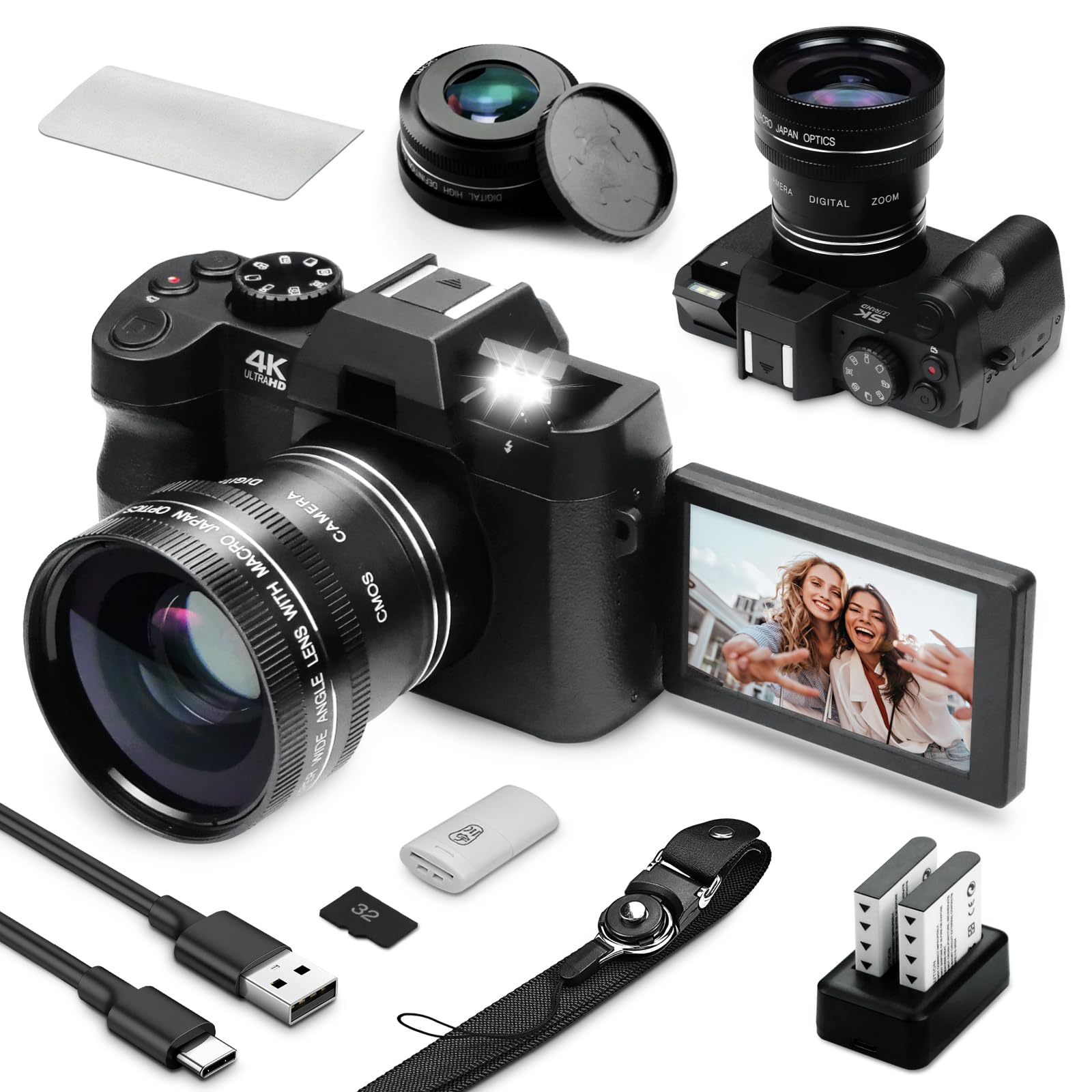4K Digital Camera for Photography and Video Auto Focus 48MP Vlogging Camera,180°Flip Screen 16X Zoom with 32GB SD Card, 2 Batteries Black-picture-14