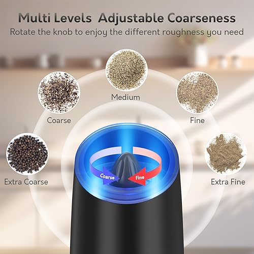 Miniatura 5 de Gravity - Juego de molinillo eléctrico de sal y pimienta, funciona con pilas, con soporte de metal, molinillo de pimienta automático con luz LED,