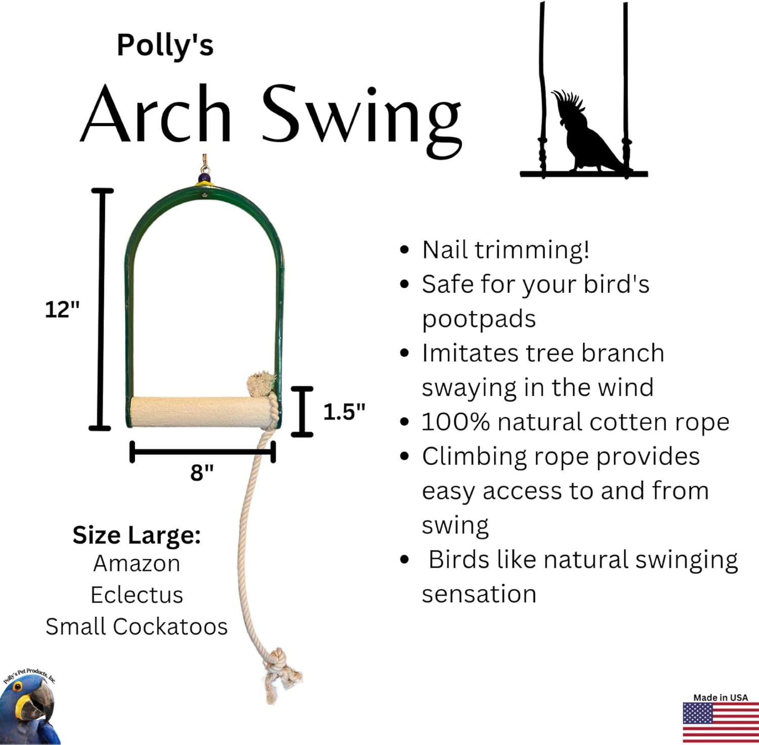 Polly's Arch Swing-Nail Trimming Bird Swing for Cages-Great for Parrots Including Parakeets, Cockatiels, Amazons, Macaws, and Cockatoos. (Large)