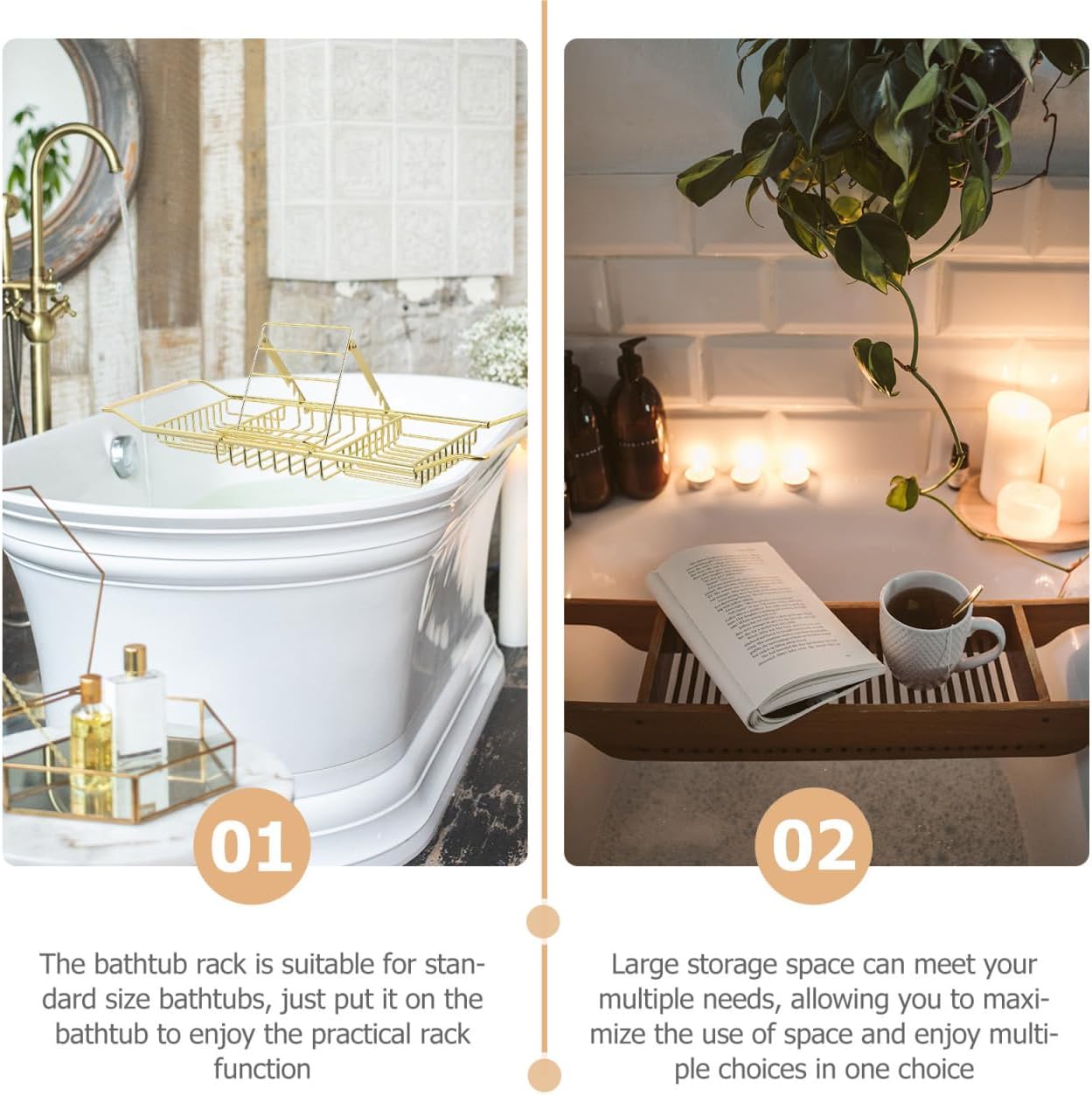 Mobestech Retractable Bathtub Rack with Holders Nonslip Stainless Steel Bath Tub Tray for Books Wine Tablets and Phone Expandable Golden Bathroom Storage Shelf
