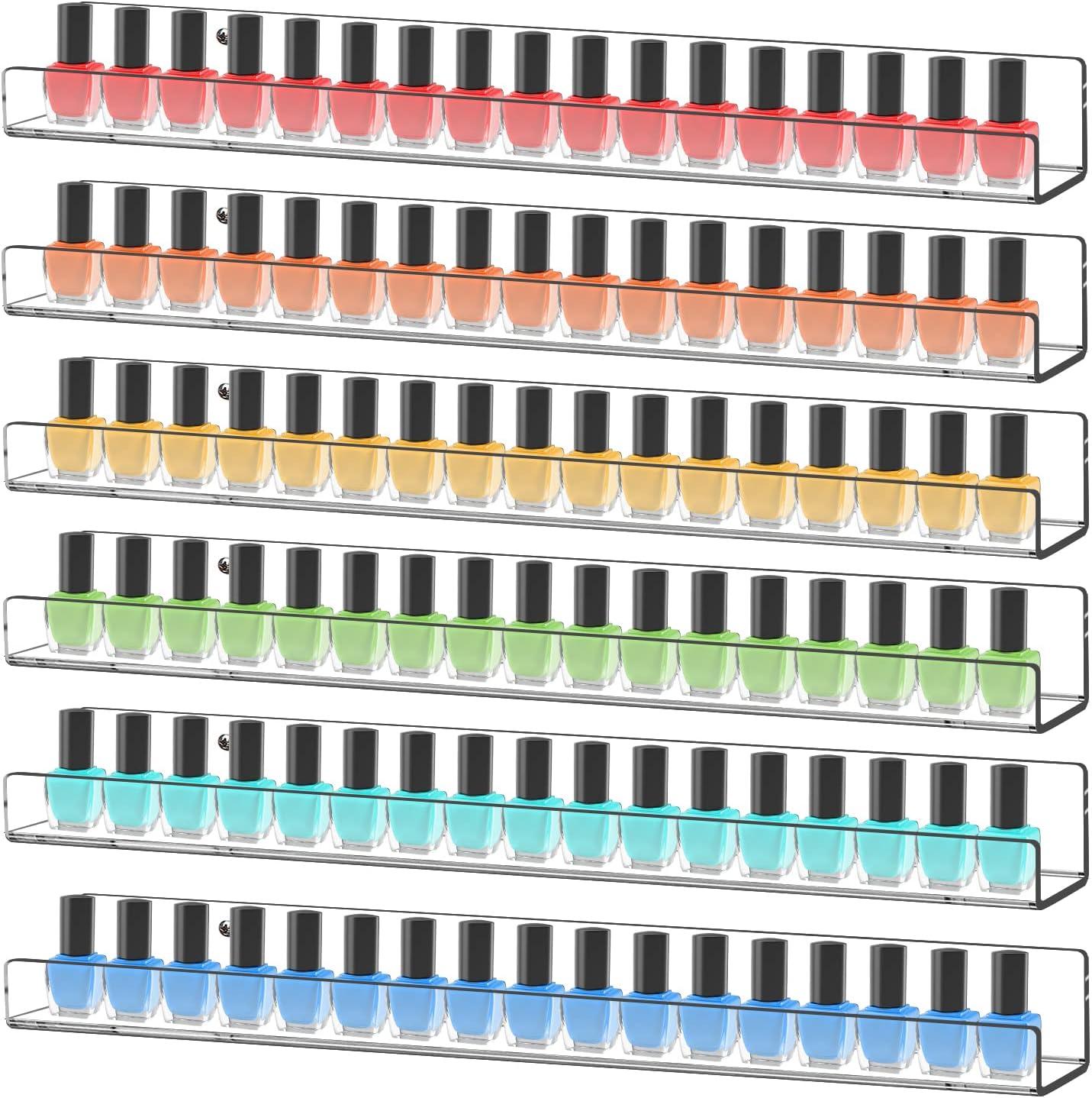 display4top 6 Pack Nail Polish Rack,15" Acrylic Nail Polish Wall Mounted Organizer Displays 90 Bottles, Clear Floating Kids Wall Bookshelf