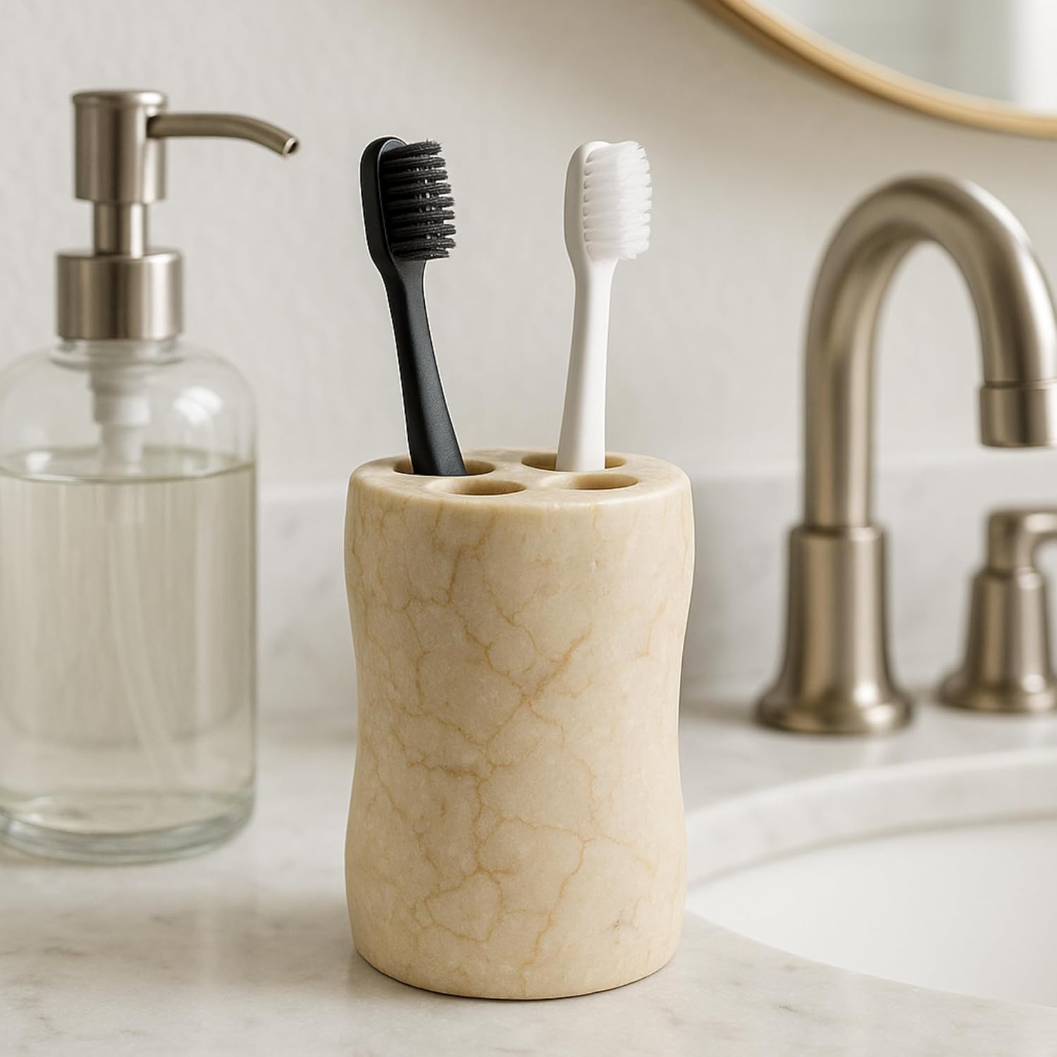 Creative Home Natural Champagne Marble Curvy Collection Toothbrush Holder Makeup Brush Holder Bathroom Vanity Countertop Organizer, Beige