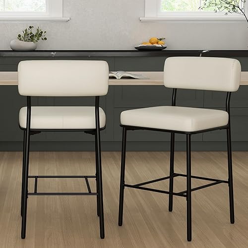 Vista 15 de Juego de 3 taburetes de bar de altura de mostrador de 26 pulgadas, taburetes de bar tapizados con respaldo, cuero sintético negro, sillas de altura