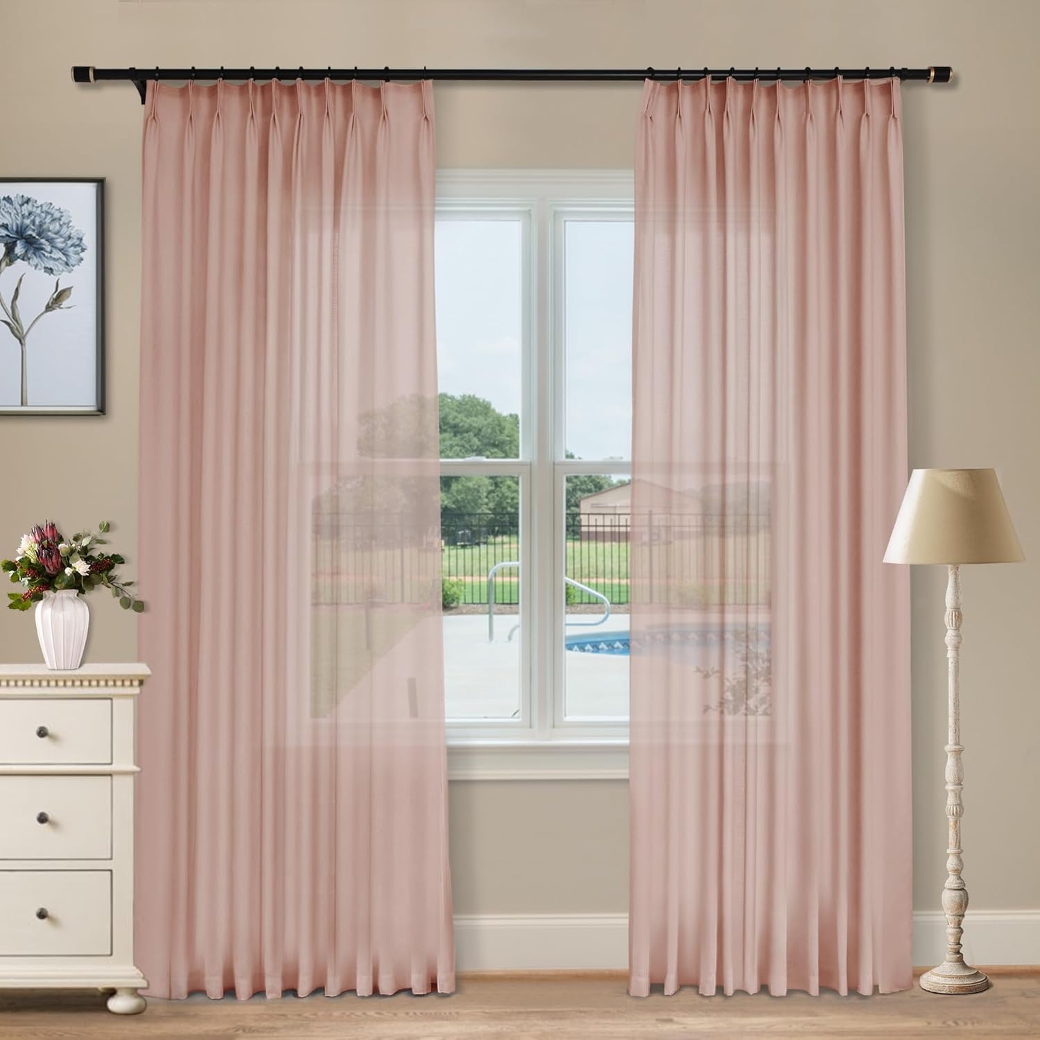 Macochico Pinch Pleat Linen Curtains 100''W x 84" L Light Filtering Sheer Curtain Pinch Pleated Drapes for Living Room, Bedroom, or Patio Door (Pink, 100''W x 84''L, 1 Panel)