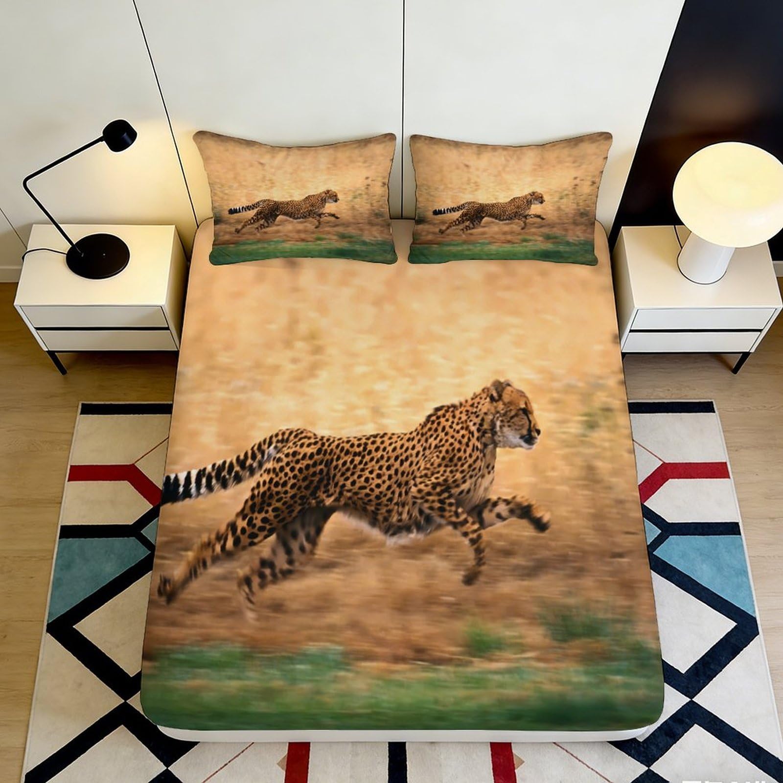 3D Printed Cheetah Pattern Fitted Sheet Microfiber Soft Breathable Running Leopard Bed Cover for Bedroom Dormitory Guest Room Mattress Protection Decor 160x200x25cm