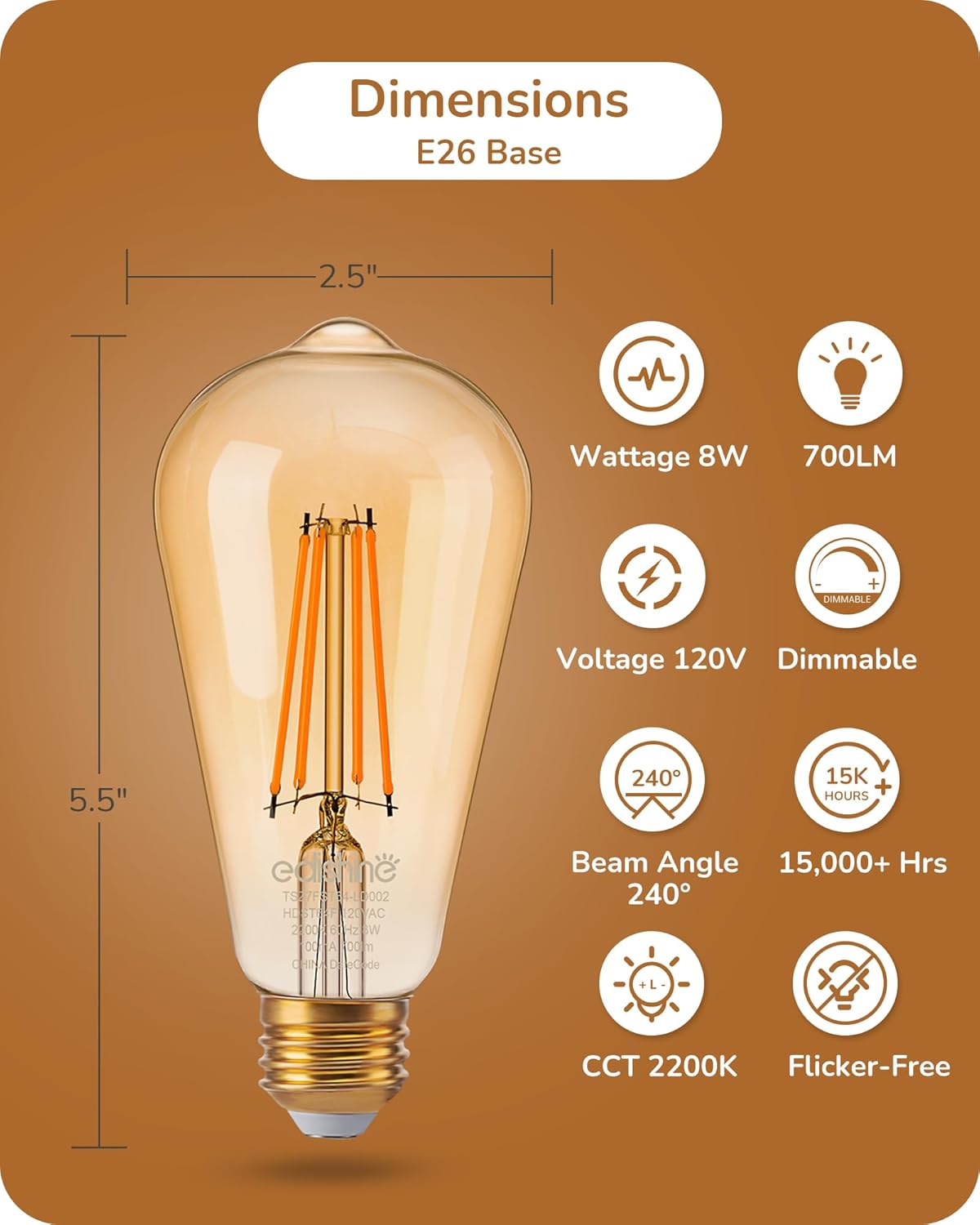 EDISHINE 12 Pack Vintage LED Edison Bulbs 8W Equivalent 60W, ST64 Dimmable Led Light Bulbs, 700LM 2200K Amber Warm Light E26, Decorative Antique LED Filament Bulbs for Home and Commercial, UL Listed