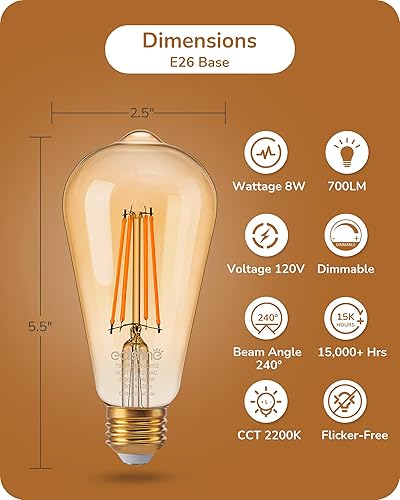 Miniatura 6 de EDISHINE Paquete de 12 bombillas LED Edison vintage equivalentes a 8 W equivalentes a 60 W, ST64 bombillas LED regulables, 700 lúmenes, 2200 K, luz