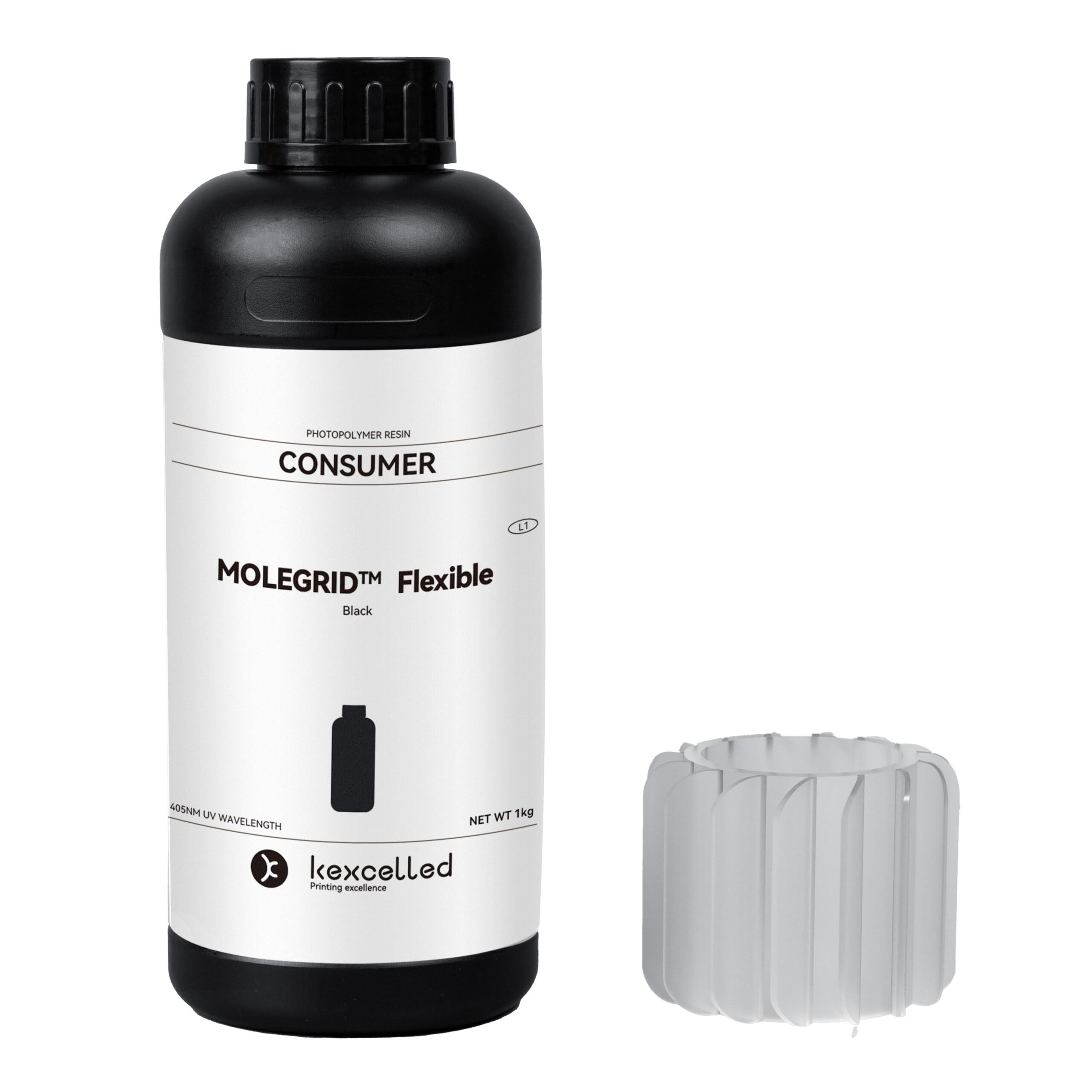 Kexcelled MOLEGRID Flexible Black Photopolymer Resin – Elastic, High-Detail Resin for 3D Printing – 1KG Bottle – Compatible with LCD/DLP Printers