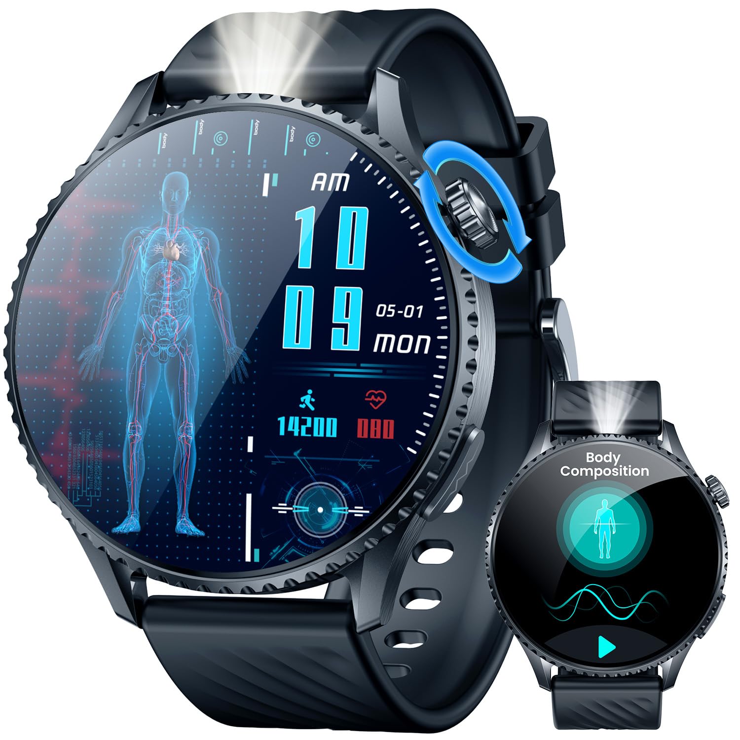 Smartwatch Reloj Inteligente Hombre con ECG: 1.56" AMOLED Smart Watch con llamadas Bluetooth IP67 Impermeable 440mAh Linterna Frecuencia CardÃaca Presión Arterial SpO2 Función Sueño para Android iOS