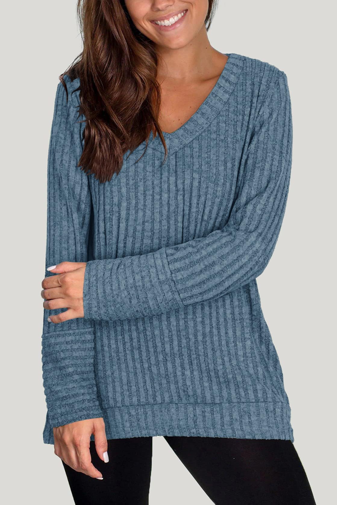 DUOEASE Pull Femme Hiver Col en V Casual Sweatshirts Manches Longues Léger Top