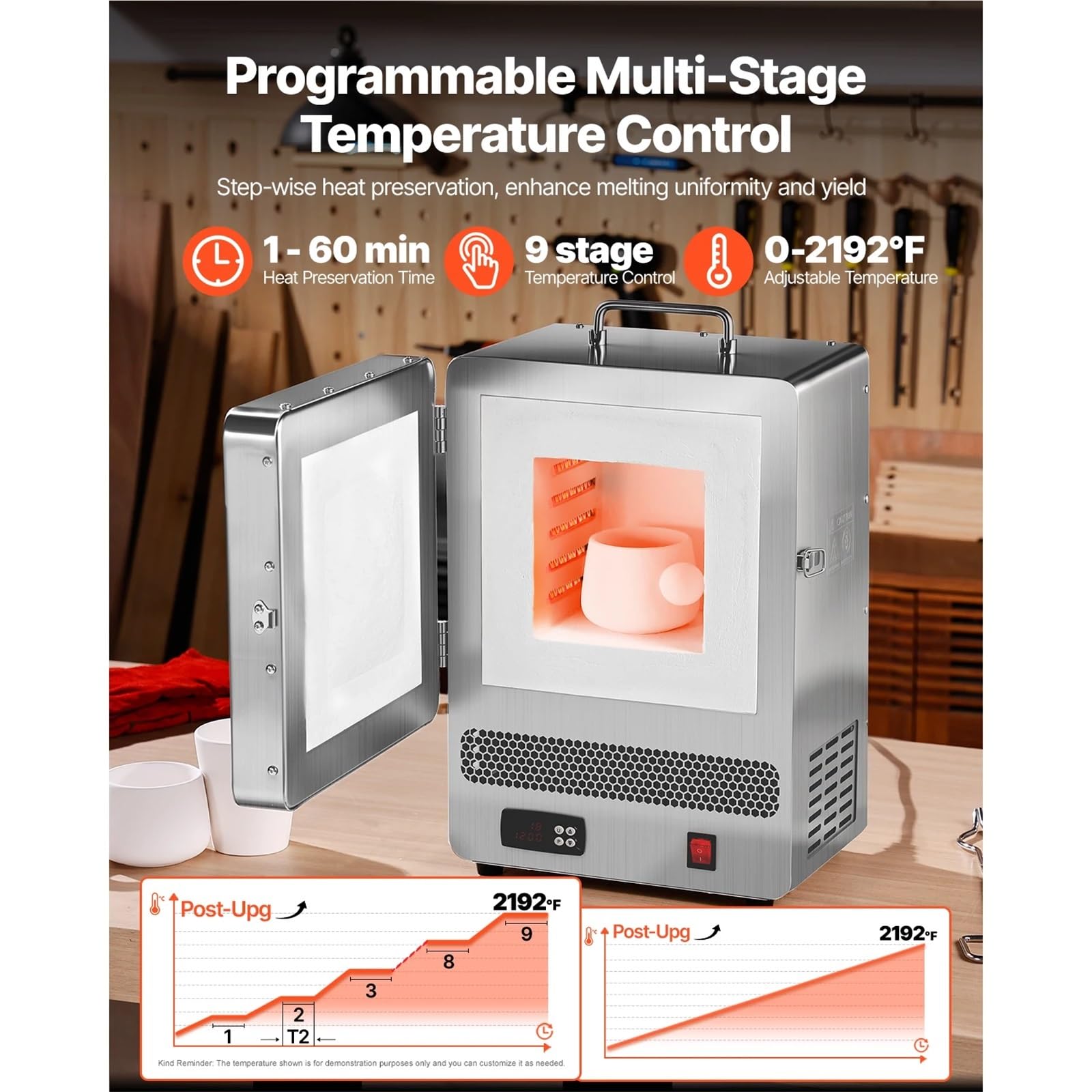 Forno di fusione elettrico da 1500 W, temperatura massima 2192 ℉, acciaio inossidabile, argilla metallica, tempra del metallo fai da te, smaltatura su ceramica