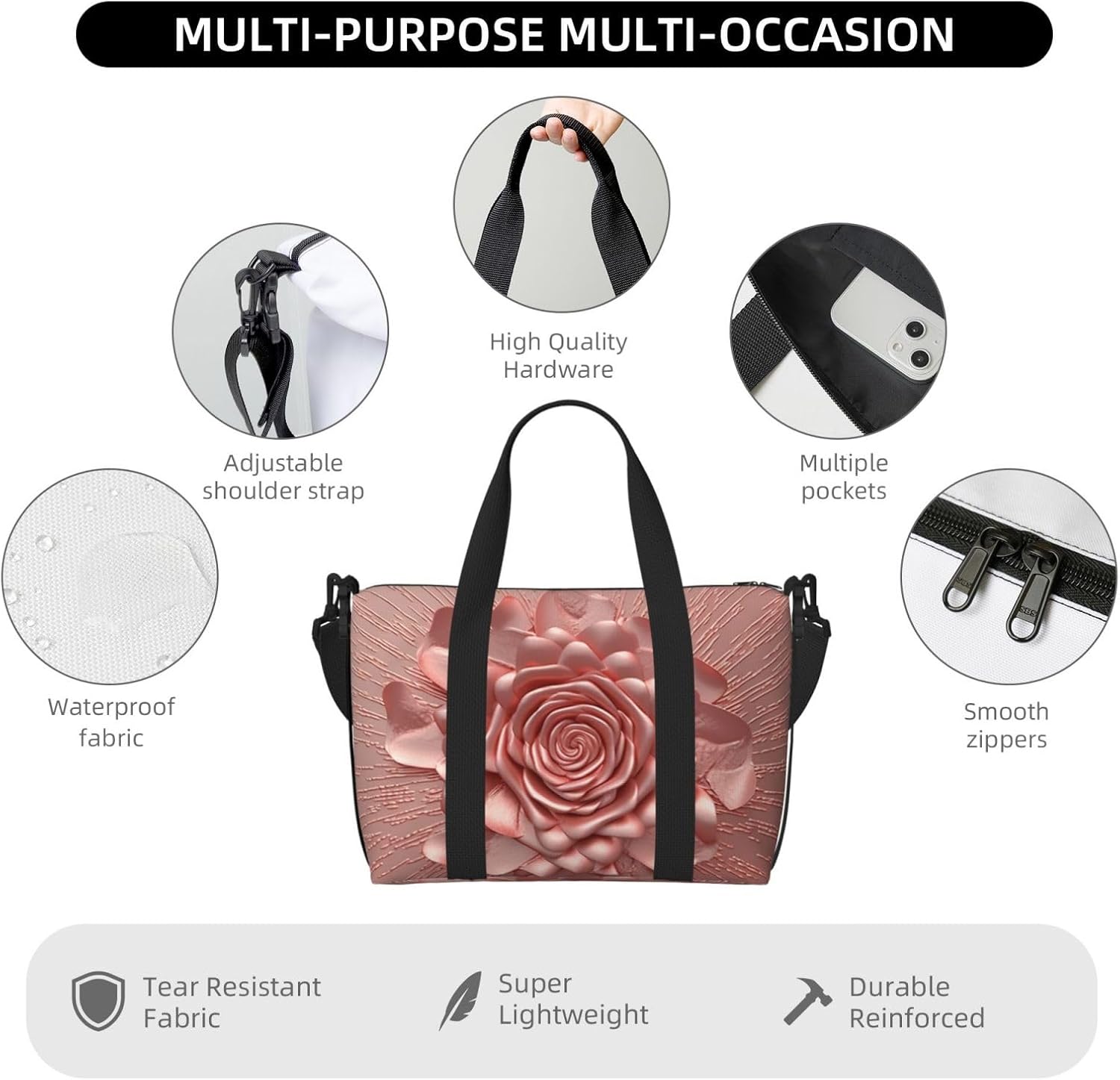 Travel Duffel Bags Personal Item Bag Carry On Luggage Bag Training Handbag Lightweight Waterproof Sports Gym Bag Rose Gold Weekender Bag for Women Men, Black, One Size, Travel Duffle