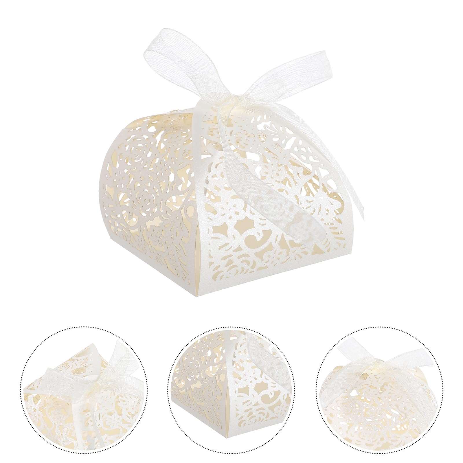 ULTECHNOVO Scatole per Dolci Matrimonio 50 Pezzi in Carta Beige con Design Rosa Traforata e Nastro Elegante per Bomboniere Feste e Party Favor