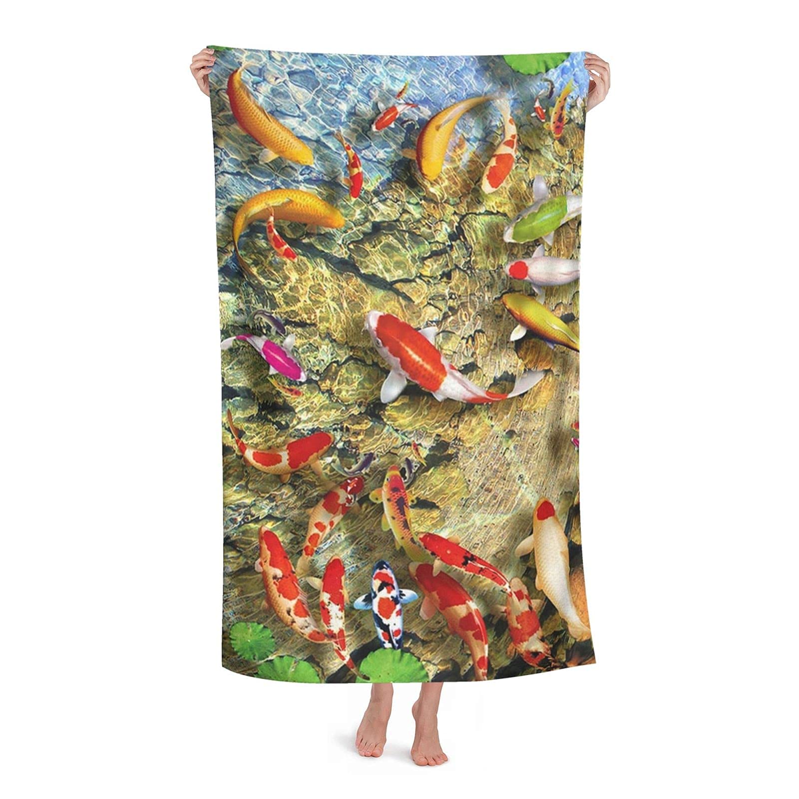 Fflsdr Beach Towel Fancy Koi Carp Fishes Microfiber Large Bath Towel For Adults Absorbent Quick Dry Beach Blanket 80X130cm