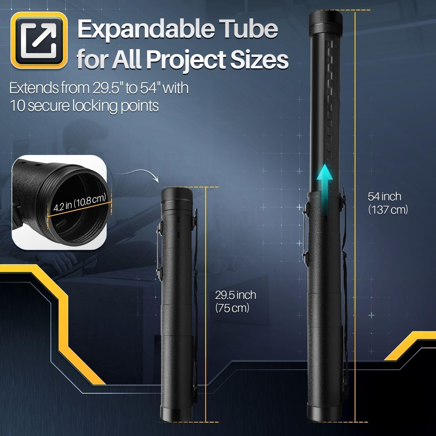 Flexzion Poster, Art, Document Tube with Strap, Expandable Waterproof Plastic Container, Telescoping Cylindrical Storage Case, Portable Paper Holder for Draft Sketch Blueprint, Black, youth large / 11