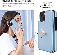 Vista 3 de Folosu Funda compatible con iPhone 13 con soporte para tarjetas, rotación de 360°, soporte de anillo de dedo con función atril, protección RFID