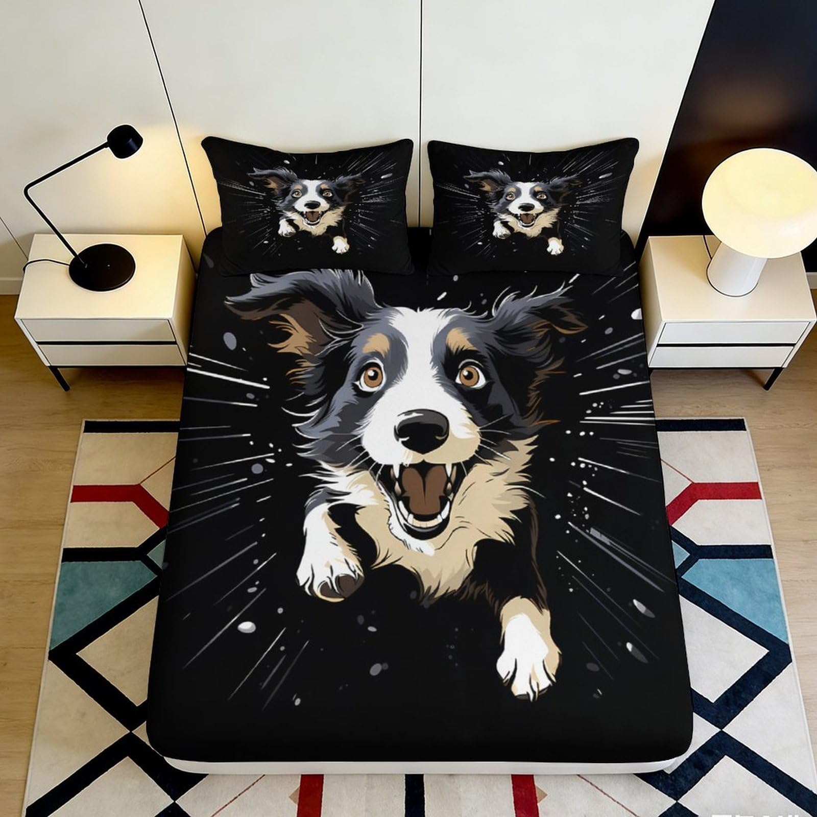 3D Printed Border Collie Graphic Fitted Sheet Microfiber Non-Slip Mattress Cover for Bedroom Dorm Dog Art Decor 120x200x25cm