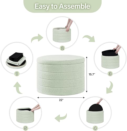 Miniatura 3 de B FSOBEIIALEO Otomana con almacenamiento, taburete otomano de almacenamiento redondo de sherpa, reposapiés de bouclé 22 x 22 x 15.75 pulgadas