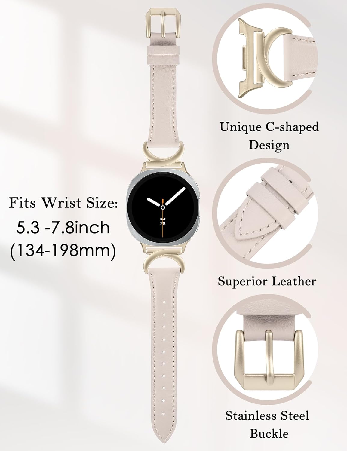 Minyee Leather Band Compatible with Samsung Galaxy Watch 8 40mm 44mm/ 8 Classic 46mm Bands, No Gap One-Click Slim Thin Dressy Leather Strap with C-Shape Metal Buckle Women, NOT for Other Models - Image 3