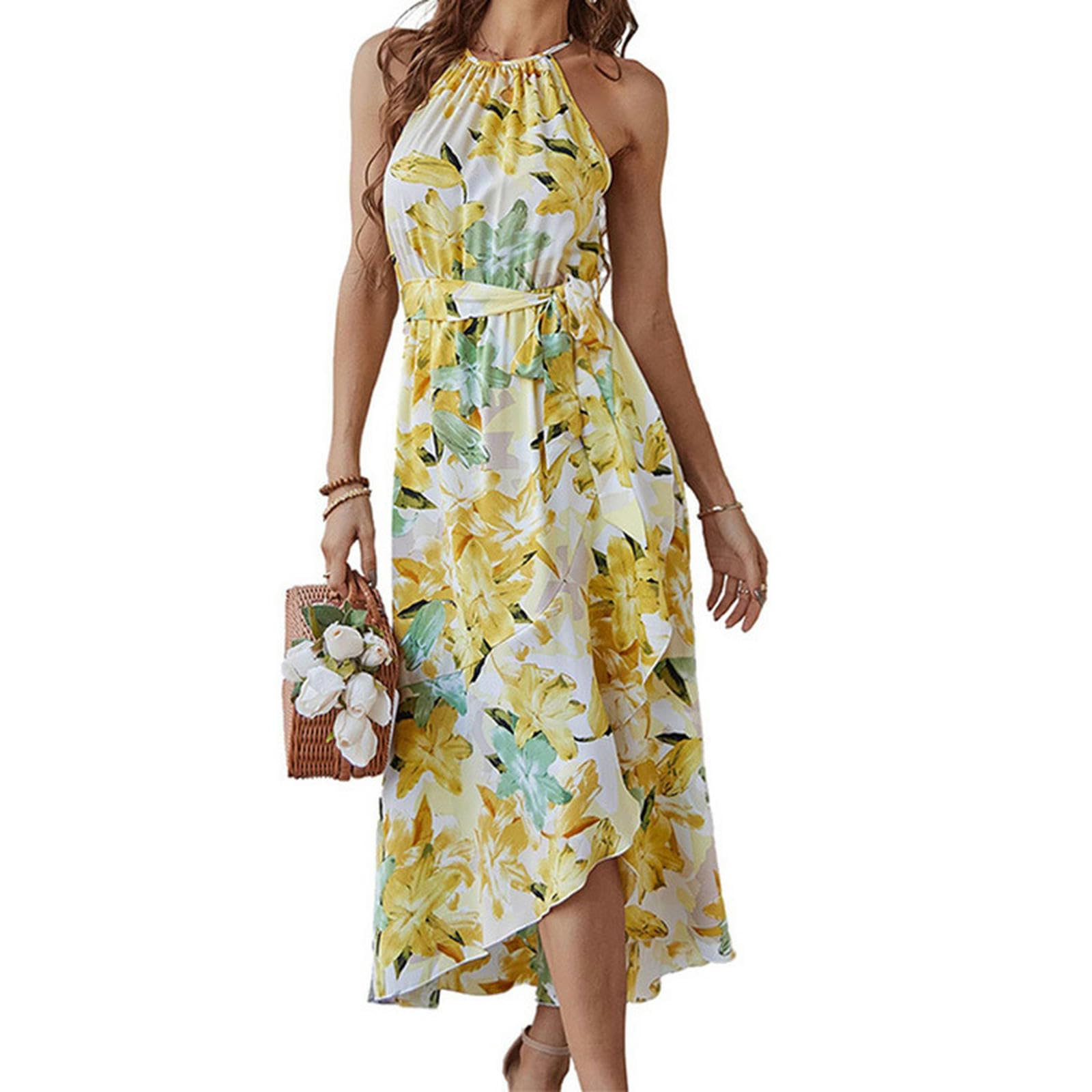 Robe sans manches bohème chic imprimée longue avec fente à volants et ceinture