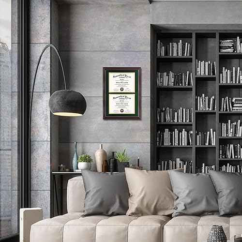 Miniatura 6 de GraduationMall Marco de diploma doble de 8.5 x 11 pulgadas, madera maciza y acrílico con protección UV, acabado cereza con borde dorado, verde