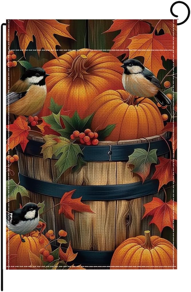 ONFAON Fall Decorations for Home, Thanksgiving Pumpkin Small Garden Flag for Outside 12x18 Inch,Fall Watercolor Bird Small Garden Flag,Double Sided Outside Yard Lawn Outdoor Decoration HYQX04
