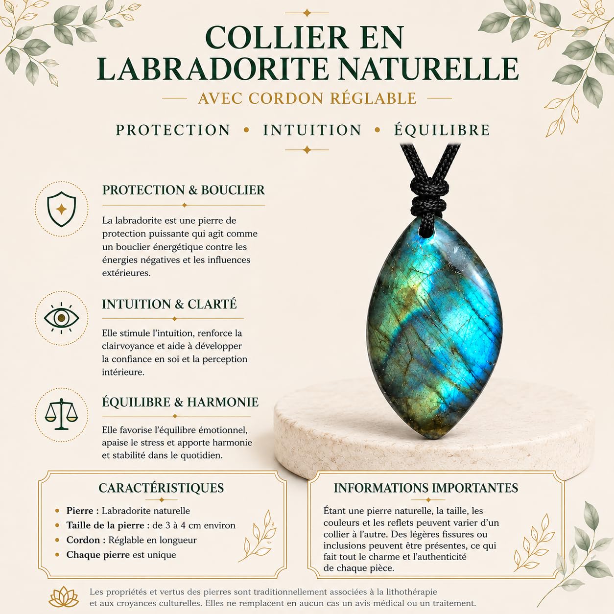 Collana in labradorite naturale, pietra naturale, ciondolo irregolare con cordino regolabile, gioiello energetico per uomini e donne