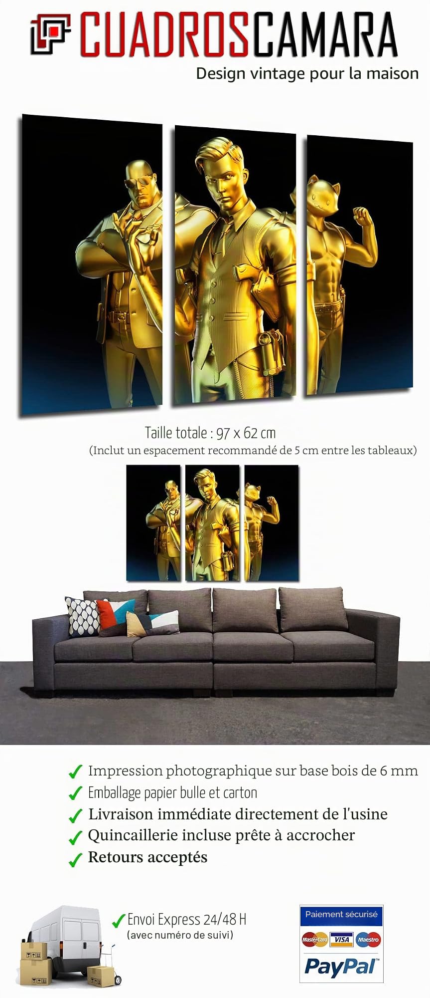 DKORARTE Tableau Moderne Photo Jeu Vidéo Fortnite, Epic Games, Doré 2ème Saison, 97 x 62 cm, réf. 27335