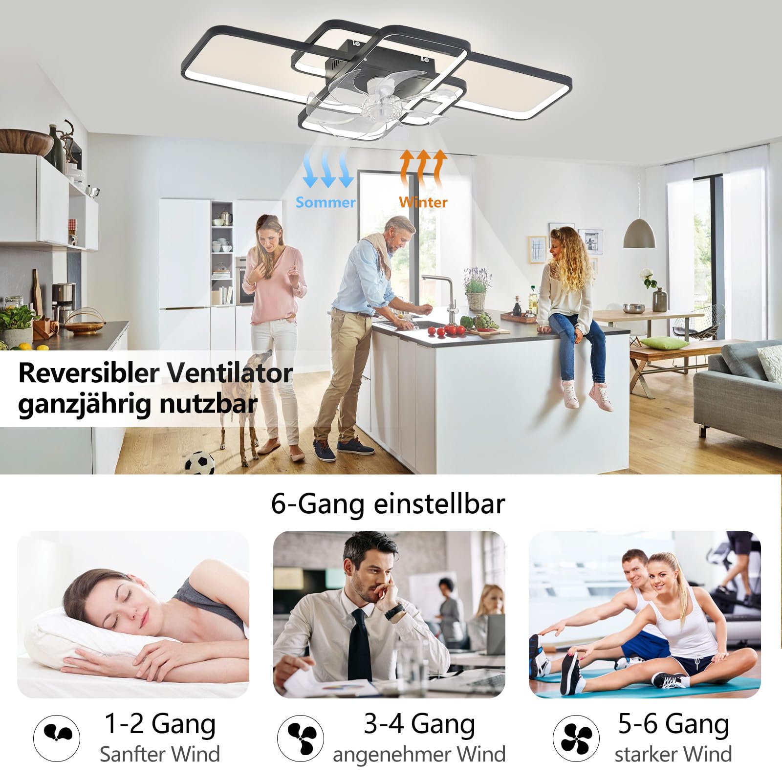 Ventilatore Da Soffitto Con Illuminazione, Ventilatore Da Soffitto A LED 80W Con Telecomando Lampada Ventola Dimmerabile 6 Velocità Del Vento Plafoniera Per Soggiorno Camera Da Letto Luce Nero 72cm