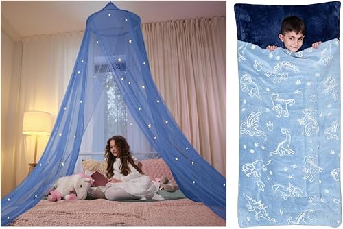 Paquete brillante: toldo azul + saco de dormir de dinosaurio para niños