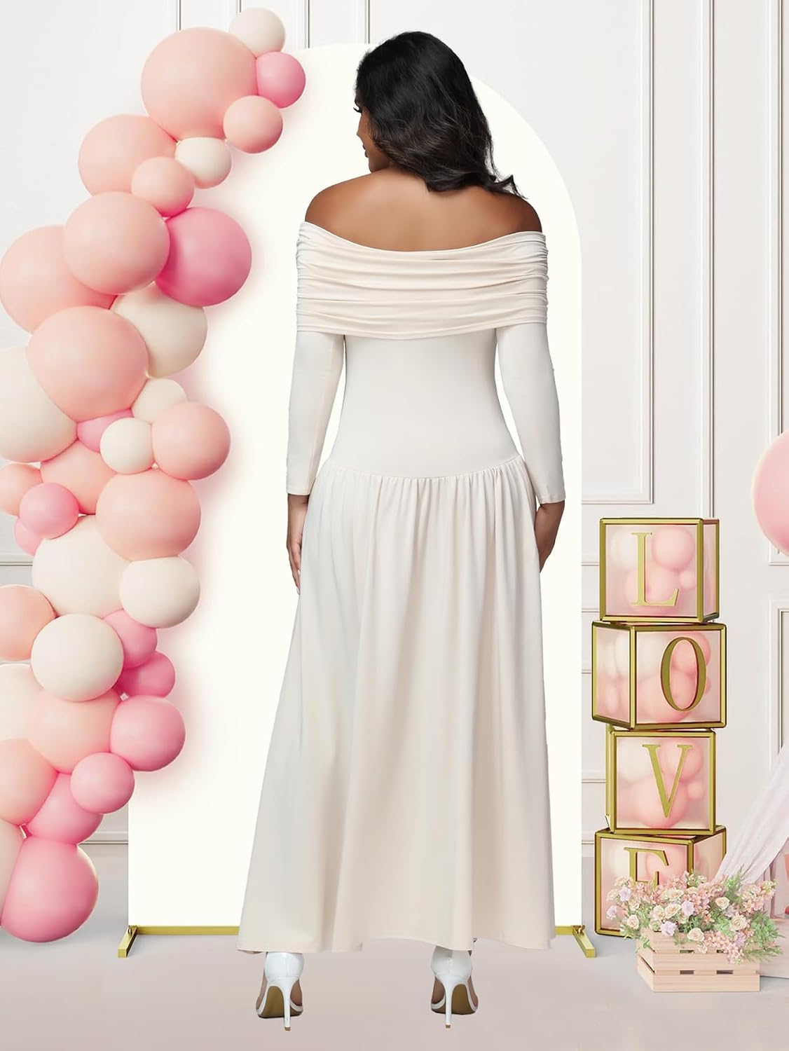 Maternity Long Sleeve Off Shoulder Baby Shower Dress Party Mesh Paneled Split Maxi Photography Gown for Photoshoot Beige Large