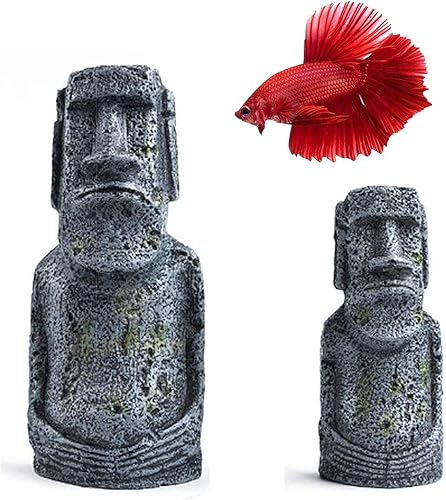 SunGrow Betta Fish Moai Decor, 7 y 5 pulgadas, réplicas huecas de resina de estatuas de isla de Pascua, decoración de tanque de agua dulce y salada,