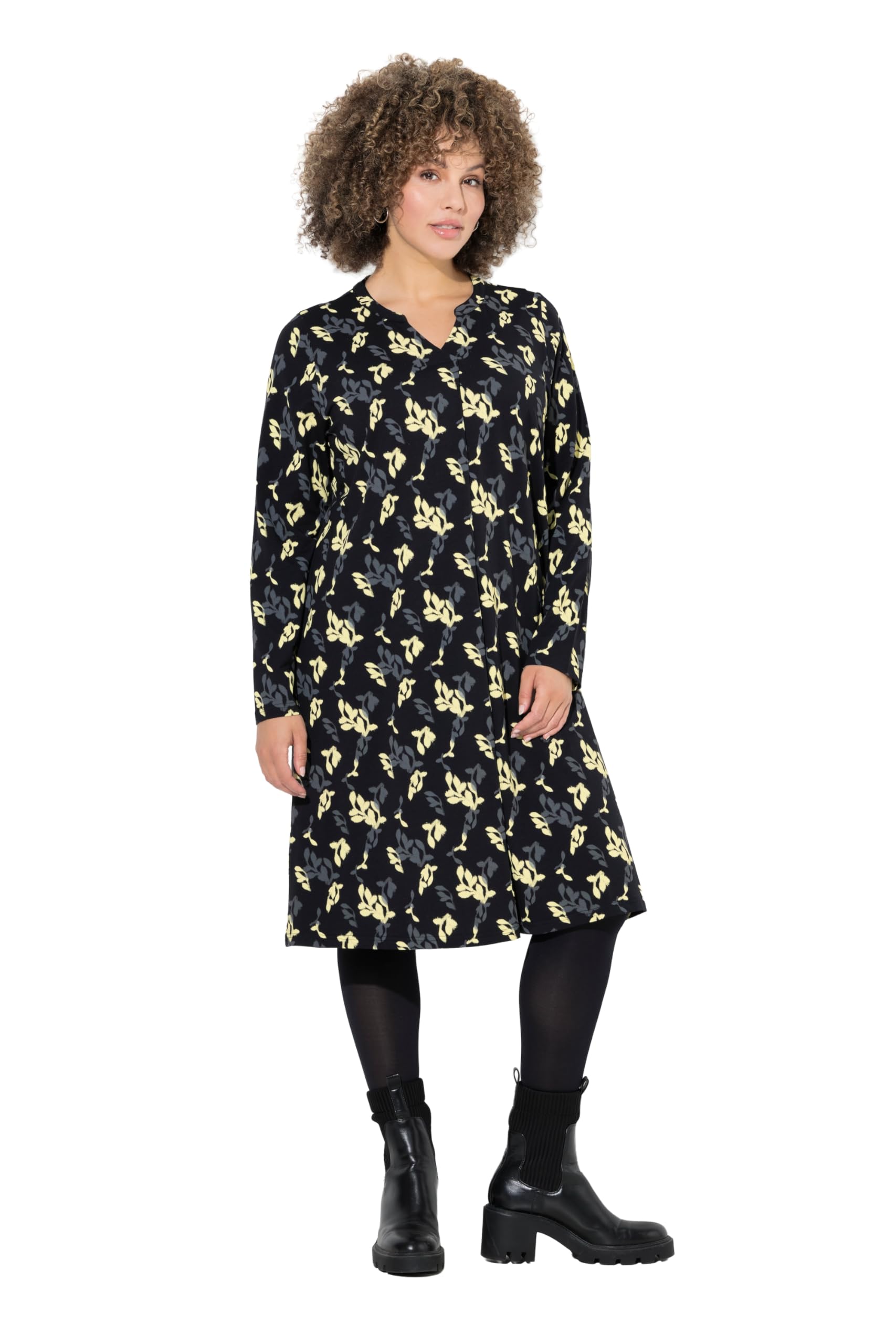 Ulla Popken Damen große Größen Übergrößen Plus Size Jerseykleid, Blüten, A-Linie, Tunika-Ausschnitt, Langarm 845190