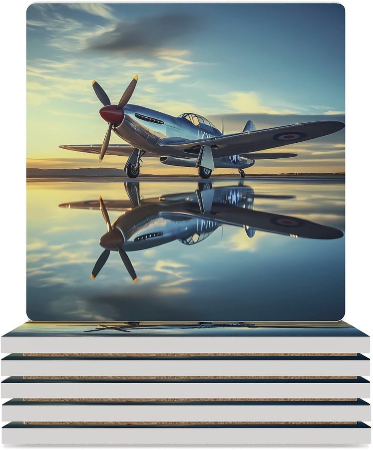 Airplane Vintage Aviation Fighter Ceramic Coasters Set Square Drink Coasters Table Coaster for Kitchen Desktop Decor