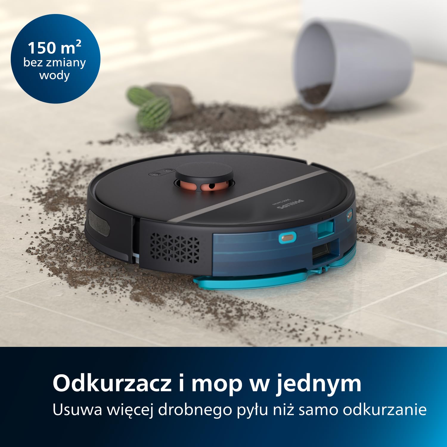 Philips HomeRun Robot mopująco-odkurzający z serii Aqua 3000, duża moc ssania 4000 Pa, nawigacja laserowa,czas pracy 200 min,czyści dywany i usuwa sierść zwierząt, sterowanie przez aplikację,XU3100/01