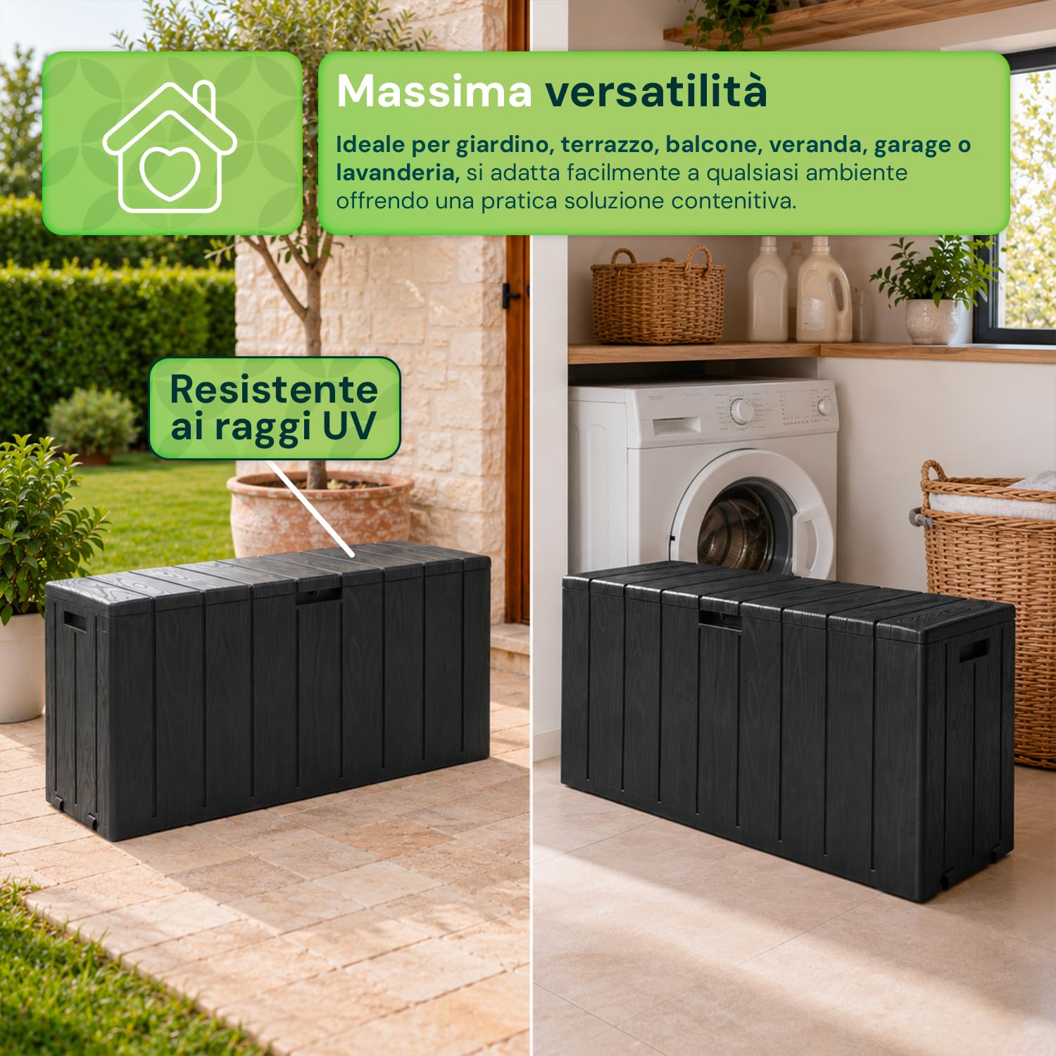 Baule Multiuso da Esterno e Interno 270 Litri in Resina Effetto Legno — Cassapanca Contenitore con Seduta, Antracite, per Giardino, Terrazzo e Casa