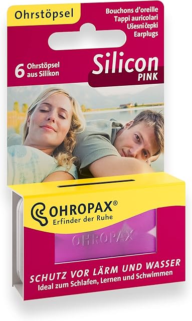 OHROPAX Silikonowe zatyczki do uszu, 1 x 6 sztuk, wielokrotnego użytku, wykonane z przyjaznego dla skóry silikonu, do ochrony przed wodą podczas pływania, przed hałasem i wiatrem