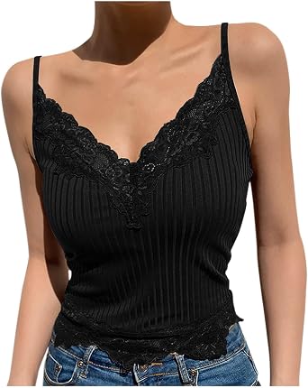 Womens Sexy Lace Y2k Tank Tops Fairy Grunge Clothes Crop Tops Lace Patchwork Cami Ribbed Knitted Tank Underwear