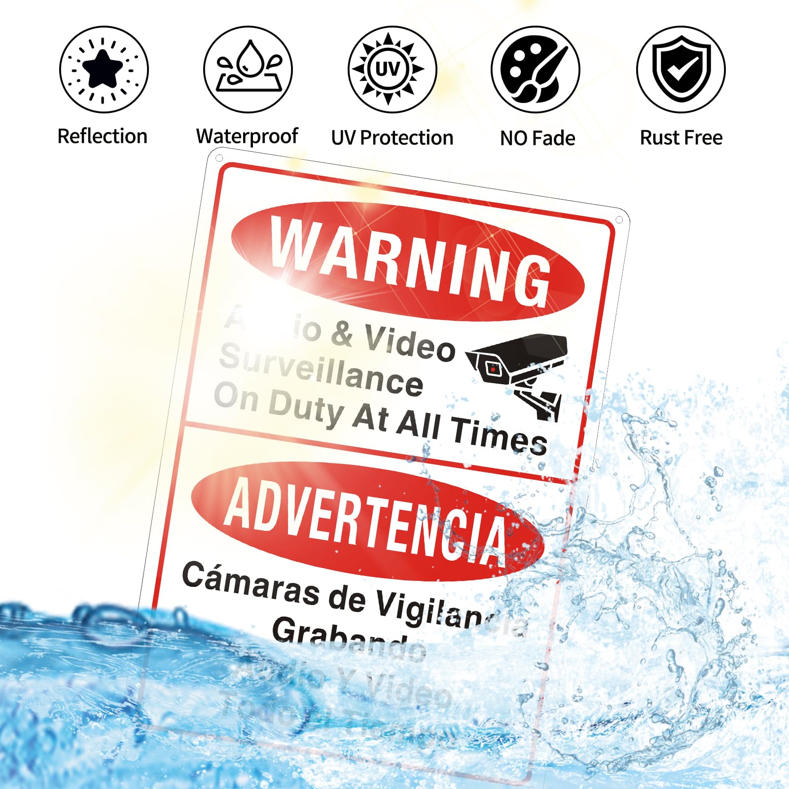 Señales de videovigilancia (2 unidades) con cámara en servicio en todo momento, cartel bilingüe inglés español de vigilancia por cámaras de vídeo, letrero de metal, resistente a la intemperie y fácil
