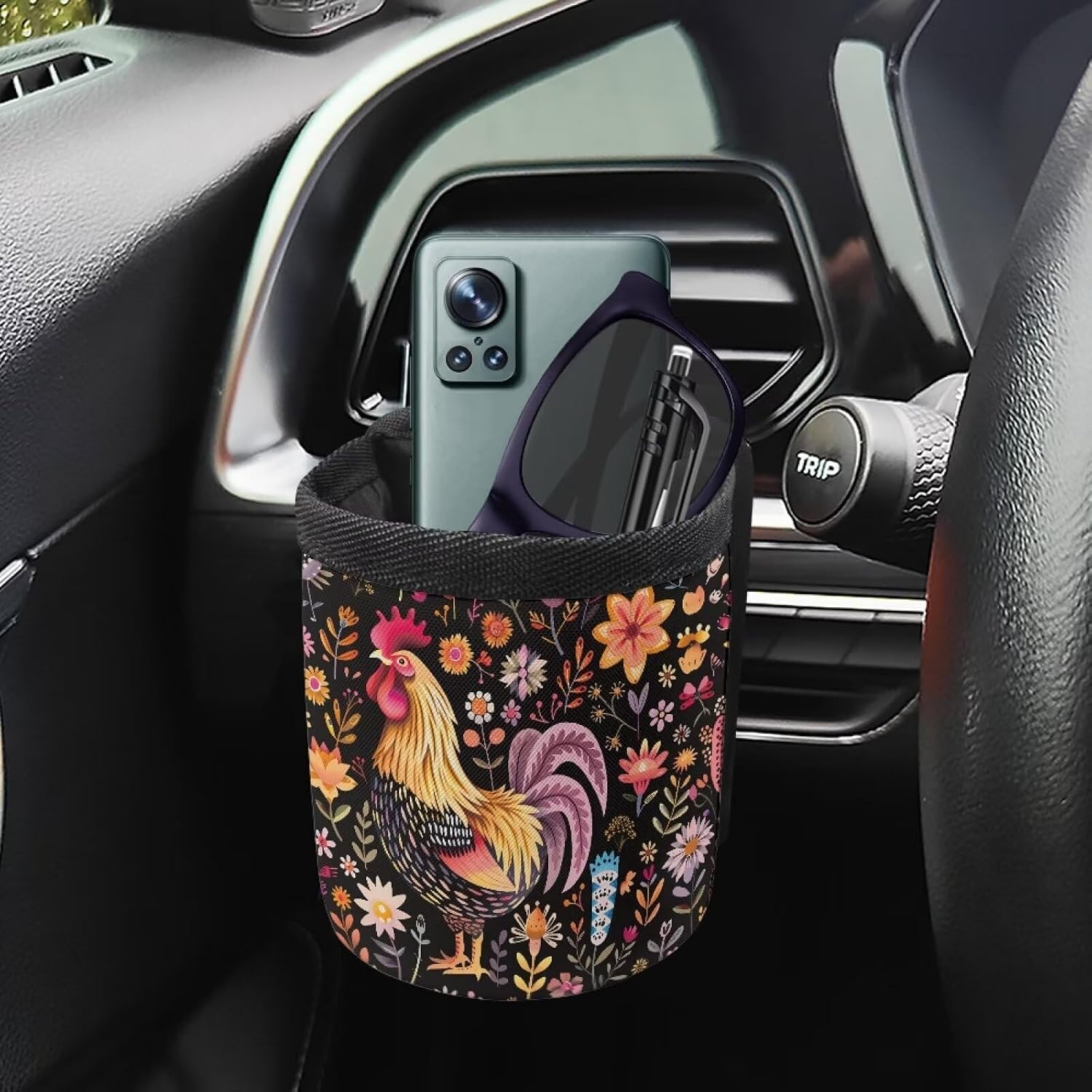 Floral Rooster Car Vent Hanging Storage Box, Multifunctional Car Storage Bag for Keys, Coin, Phone & Glasses, Interior Accessories