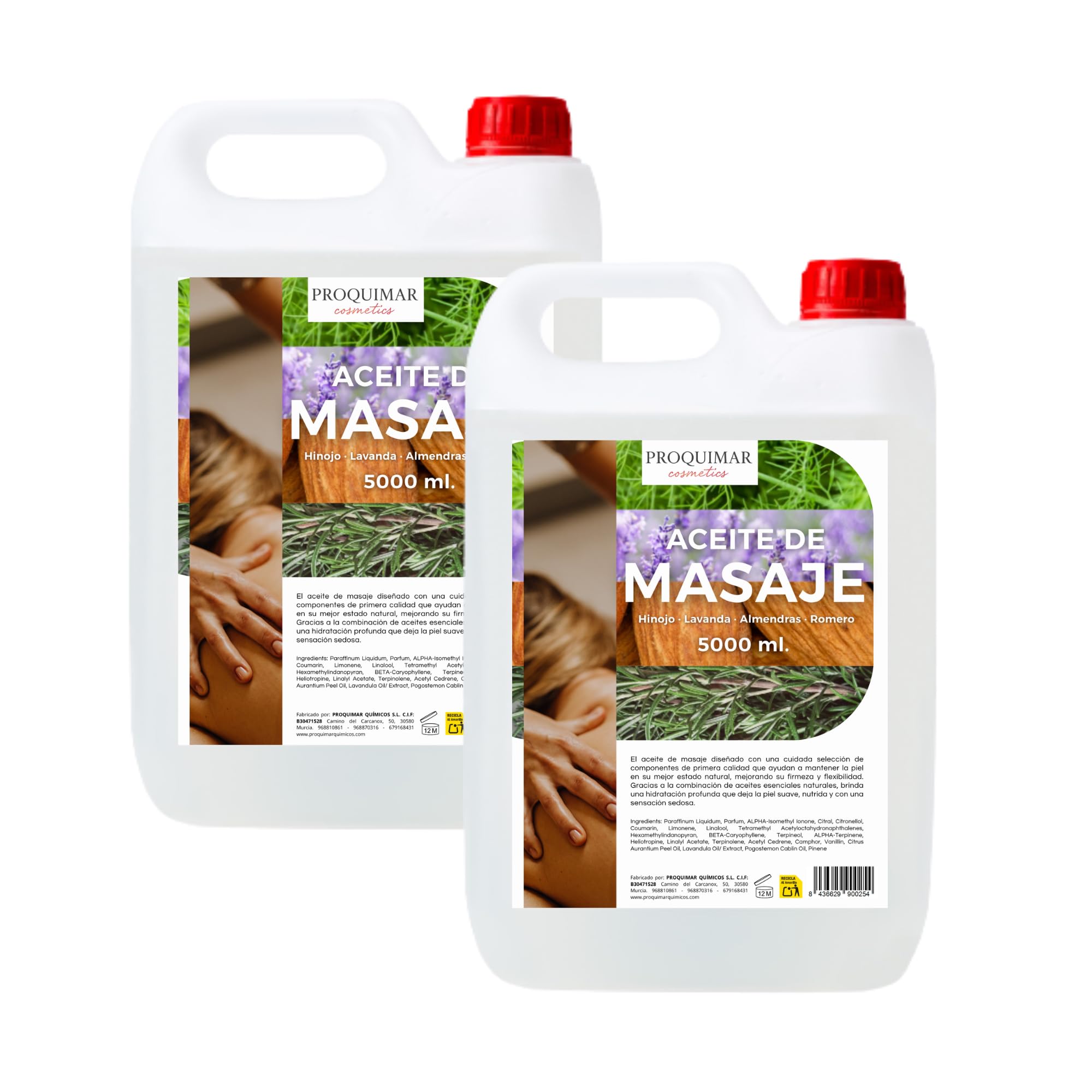 Aceite de Masaje con Romero, Almendra, Lavanda e Hinojo 5L Pack de 2 Unidades – Relajante, Revitalizante y Aromático – Textura Suave, Hidratante y Profesional